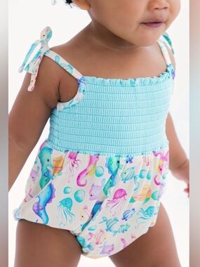 Birdie Bean Aqua Smocked Baby Romper with Ocean Creatures Size 6-12M